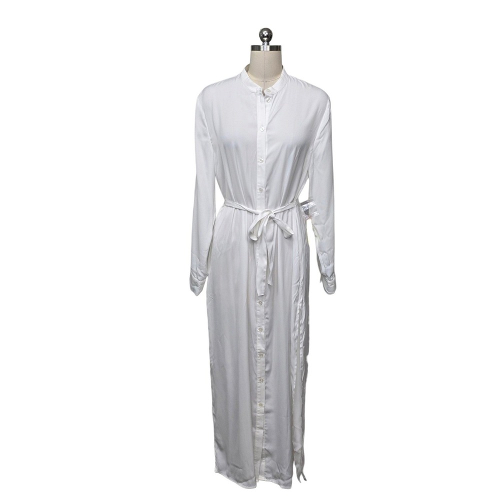Summersalt White Button Down Maxi Dress Long Sleeve Belted Recycled Poly LG NEW